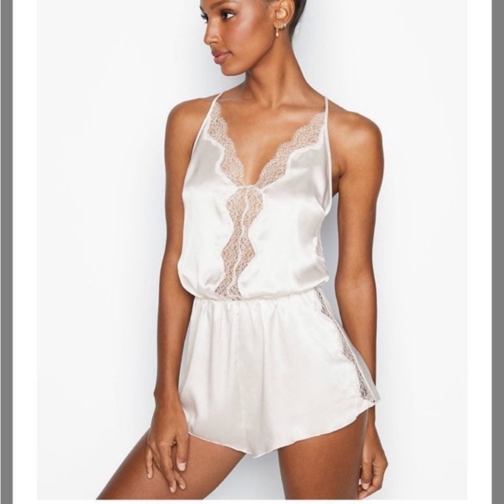 Victoria’s Secret Silk-Feel Lace Trim Romper - Cream